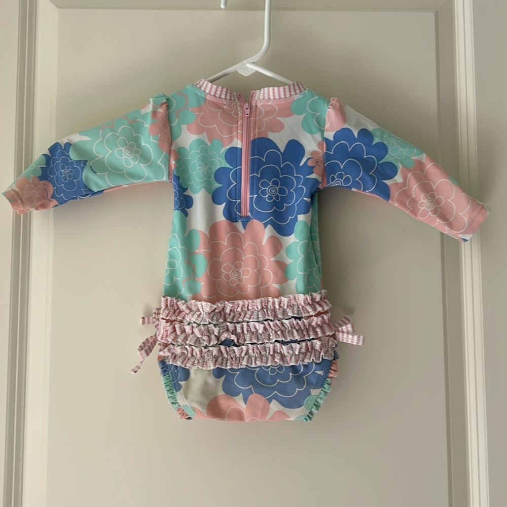 RUFFLE BUTTS girl floral swimsuit One Piece long sleeve pullover snaps 6-12M
